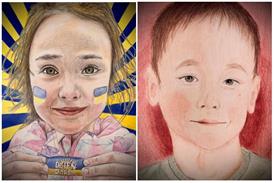  There are 2 pictures of portraits drawn by ERHS students of children from the Ukraine